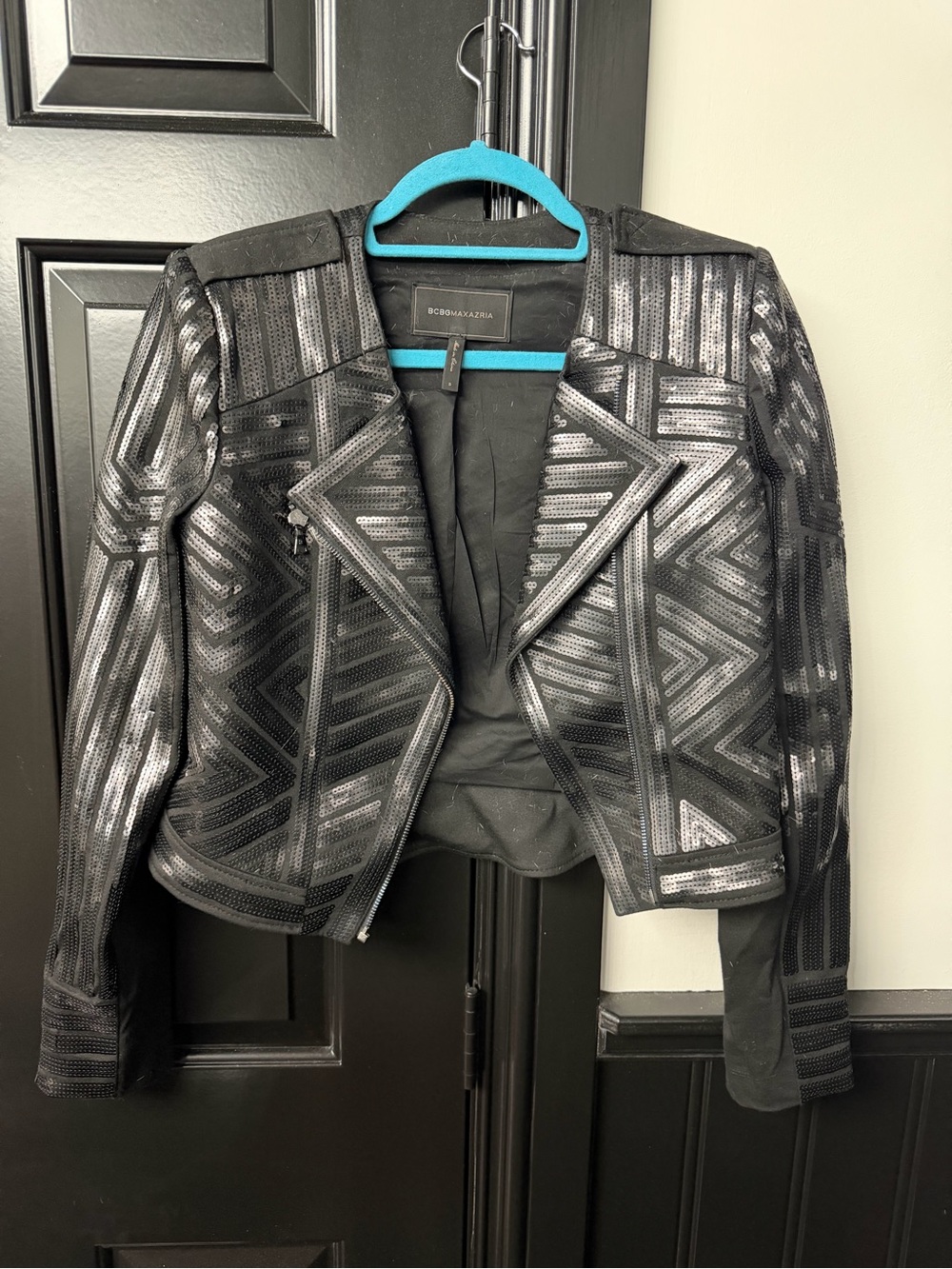 BCBGMAXAZRIA Black Sequin Moto Jacket Geometric Zip Crop Blazer Small